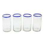 Recycled glass tumblers, 'Clear Seas' (set of 4) - Clear Blue Rim Hand Blown Recycled Glass Tumblers (Set of 4)