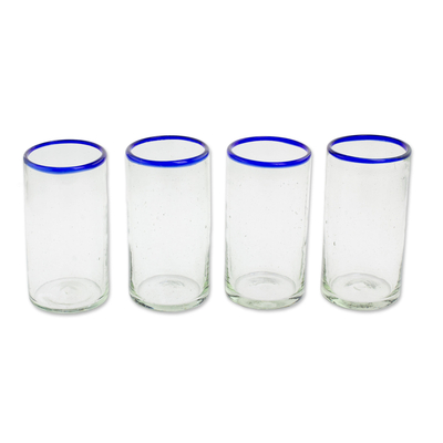 Recycled glass tumblers, 'Clear Seas' (set of 4) - Clear Blue Rim Hand Blown Recycled Glass Tumblers (Set of 4)