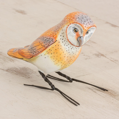 Ceramic figurine, 'Standing Owl' - Handcrafted White and Orange Barn Owl Ceramic Figurine