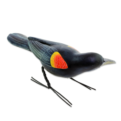 Ceramic figurine, 'Red-Winged Blackbird' - Ceramic Figurine of a Red-Winged Blackbird from Guatemala
