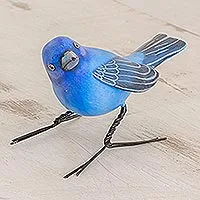 Figura de cerámica, 'Indigo Bunting' - Figura de cerámica de pájaro azul índigo hecha a mano