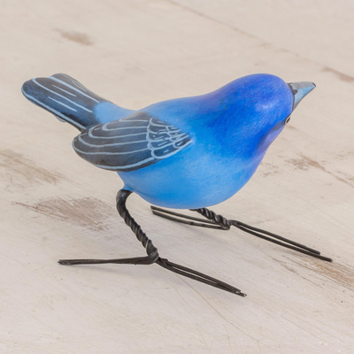 Ceramic figurine, 'Indigo Bunting' - Handcrafted Blue Indigo Bunting Bird Ceramic Figurine