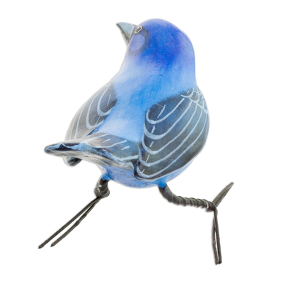 Ceramic figurine, 'Indigo Bunting' - Handcrafted Blue Indigo Bunting Bird Ceramic Figurine