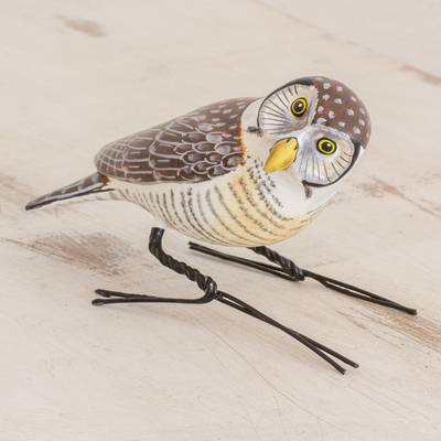 Ceramic figurine, 'Hawk Owl' - Handcrafted White and Brown Hawk Owl Ceramic Figurine