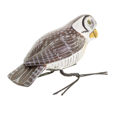 Ceramic figurine, 'Hawk Owl' - Handcrafted White and Brown Hawk Owl Ceramic Figurine