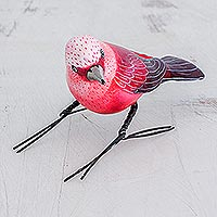 Ceramic Figurine of a Pink Warbler Bird from Guatemala,'Pink Warbler'