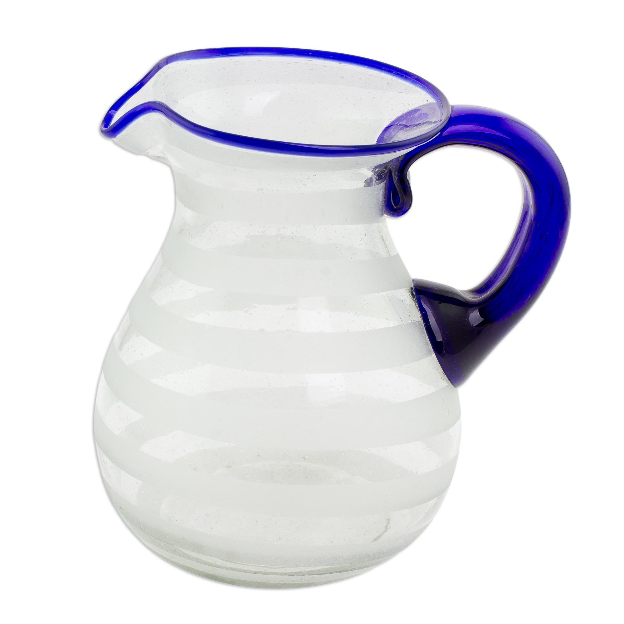 Hand Blown Recycled Glass Pitcher Frosted Stripe Blue Accent