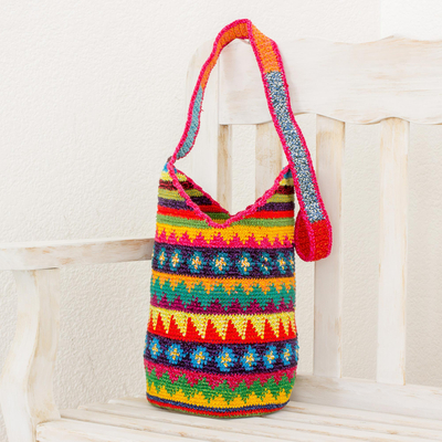 Crocheted cotton bucket bag, Multicolored Geometry