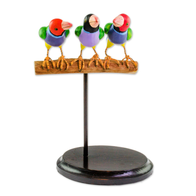 Ceramic sculpture, 'Flock Together' - Handcrafted Colorful Gouldian Finches Trio Ceramic Sculpture