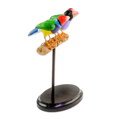 Ceramic sculpture, 'Flock Together' - Handcrafted Colorful Gouldian Finches Trio Ceramic Sculpture