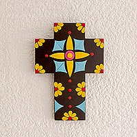 Gourd and wood wall cross, 'Designs of Old' - Colorful Floral Gourd and Wood Wall Cross from El Salvador
