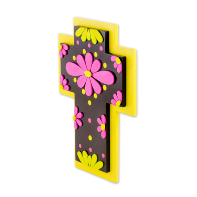 Gourd and wood wall cross, 'Neon Flowers' - Vibrant Floral Gourd and Wood Wall Cross from El Salvador
