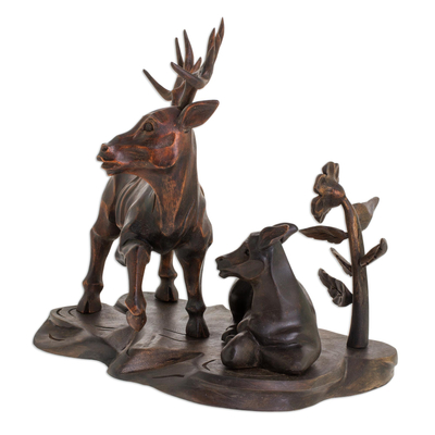 Cedar wood sculpture, 'Vigilant Deer' - Hand Carved Cedar Wood Deer Sculpture from Guatemala