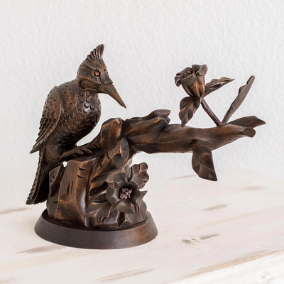 Cedar wood sculpture, 'Industrious Woodpecker' - Hand Carved Cedar Wood Bird Sculpture from Guatemala