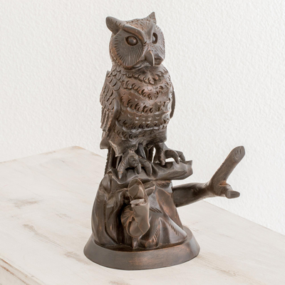 Wood sculpture, 'Sage Owl' - Hand Carved Owl in a Tree Brown Cedar Wood Sculpture