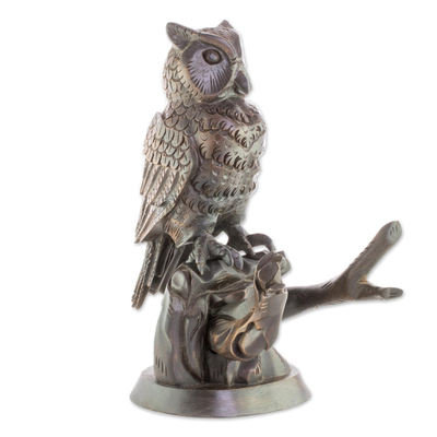 Wood sculpture, 'Sage Owl' - Hand Carved Owl in a Tree Brown Cedar Wood Sculpture