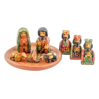 Wood nativity scene, 'Love in Bethlehem' (set of 9) - Nine Piece Miniature Pinewood Nativity Scene from Guatemala