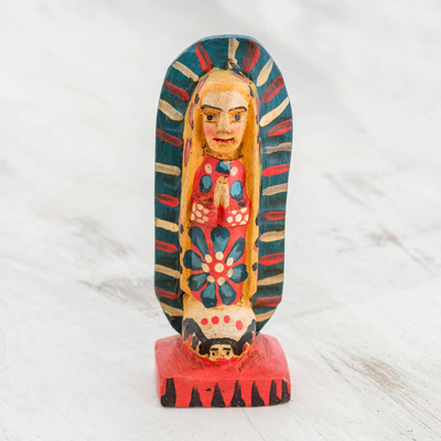 Wood figurine, 'Miracle of Guadalupe' - Hand Painted Pinewood Virgin Figurine from Guatemala
