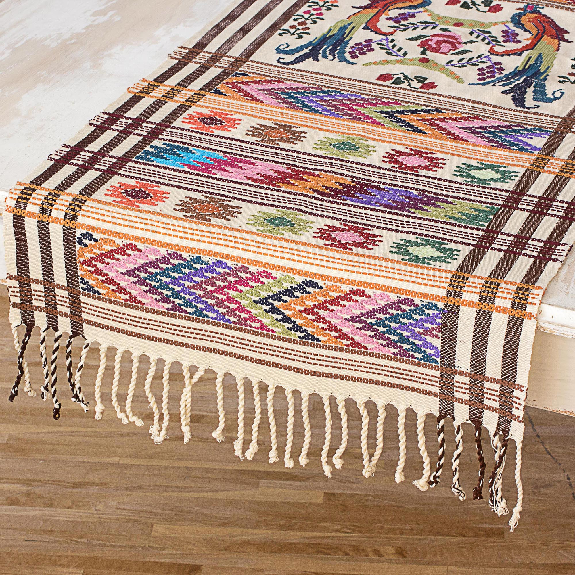 Handwoven Guatemalan Cotton Table Runner with Quetzal Birds Sacred Quetzal NOVICA