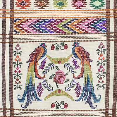 Cotton table runner, 'Sacred Quetzal' - Handwoven Guatemalan Cotton Table Runner with Quetzal Birds