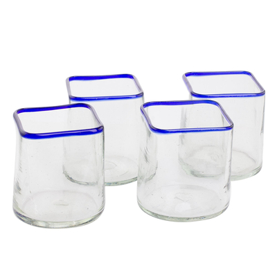 Recycled glass juice glasses, 'Lakeside' (set of 4) - Blue-Rimmed Clear Recycled Glass Juice Glasses (Set of 4)