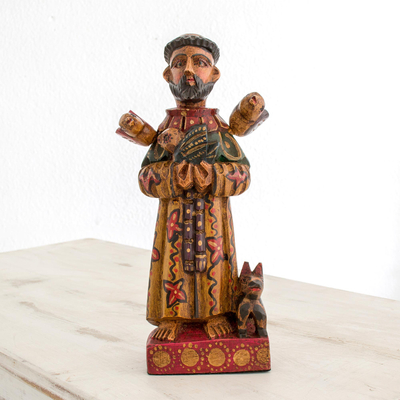 Wood statuette, 'Dedicated Saint' - Hand Painted Pinewood Saint Francis Statuette