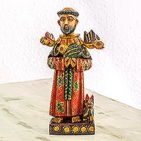 Hand Painted Pinewood Saint Francis Statuette,'Faithful Saint'