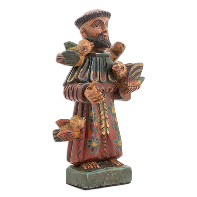 Wood statuette, 'Faithful Servant' - Hand Painted Pinewood Saint Francis Statuette
