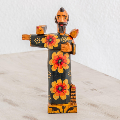 Wood statuette, 'Friend of Animals' - Hand Painted Pinewood Statuette of Saint Francis