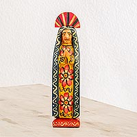 Wood statuette, 'Mary of Nazareth' - Floral Pinewood Mary Statuette from Guatemala