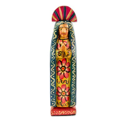 Wood statuette, 'Mary of Nazareth' - Floral Pinewood Mary Statuette from Guatemala