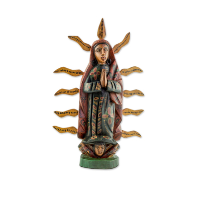 Wood statuette, 'Glowing Guadalupe' - Handcrafted Pinewood Mary Statuette from Guatemala
