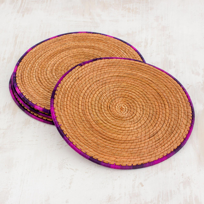 Pine needle placemats, 'Latin Dinnertime in Purple' (set of 4) - Four Pine Needle Placemats with Purple Trim from Guatemala
