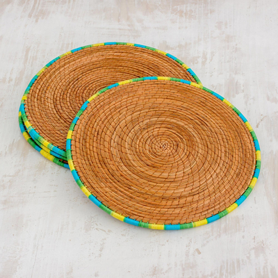 Pine needle placemats, 'Latin Dinnertime' (set of 4) - Four Pine Needle Placemats with Blue Green and Yellow Trim