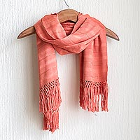 Rayon scarf, 'Sweet Appeal' - Hand Woven Peach Rayon Wrap Scarf from Guatemala