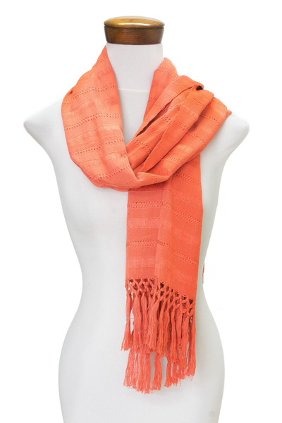 Rayon scarf, 'Sweet Appeal' - Hand Woven Peach Rayon Wrap Scarf from Guatemala