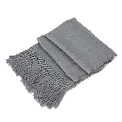 Rayon-Schal - Handgewebter grauer Rayon-Wickelschal aus Guatemala