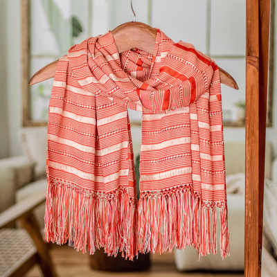 Rayon scarf, 'Sweet Surprise' - Hand Woven Red Striped Rayon Wrap Scarf from Guatemala