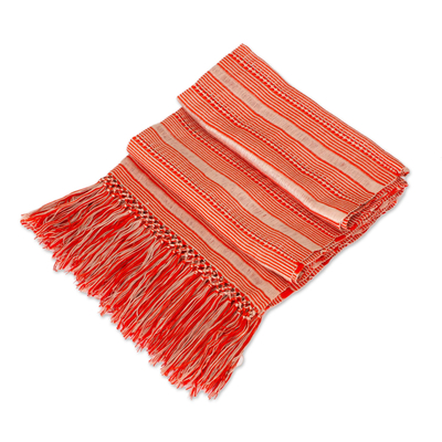 Rayon scarf, 'Sweet Surprise' - Hand Woven Red Striped Rayon Wrap Scarf from Guatemala