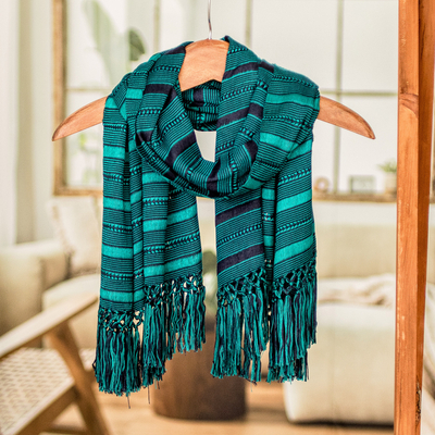 Rayon scarf, 'Sweet Mystique' - Hand Woven Striped Rayon Wrap Scarf from Guatemala