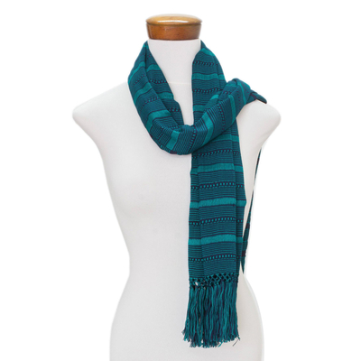 Hand Woven Striped Rayon Wrap Scarf from Guatemala - Sweet Ocean