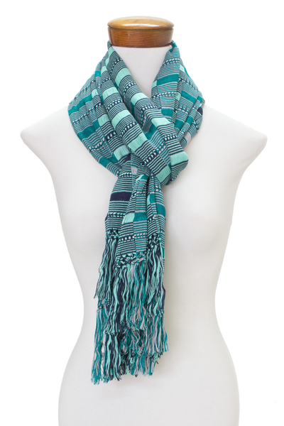 Rayon scarf, 'Sweet Ocean' - Hand Woven Striped Rayon Wrap Scarf from Guatemala