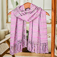 Rayon scarf, 'Sweet Dance' - Hand Woven Purple Striped Rayon Wrap Scarf from Guatemala