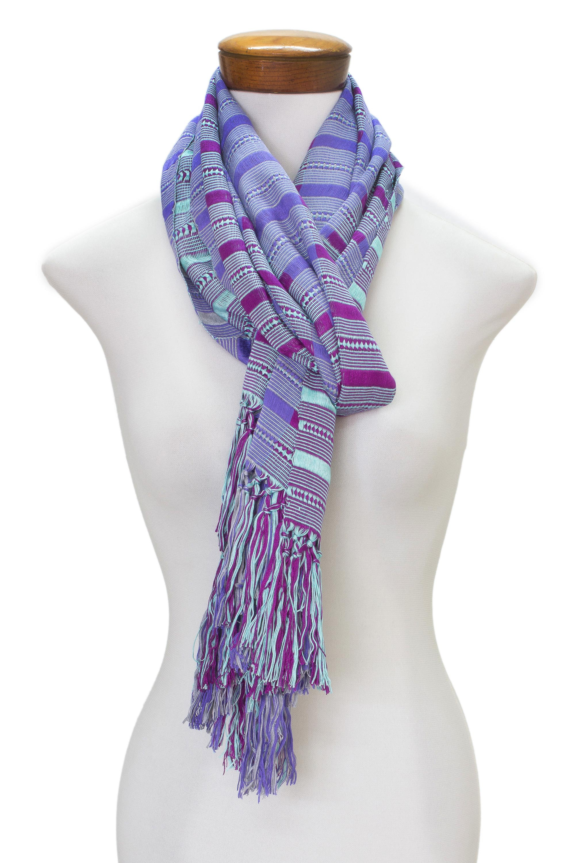 Hand Woven Striped Rayon Wrap Scarf from Guatemala - Sweet Ocean