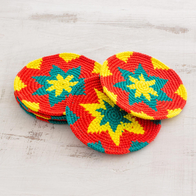 Cotton crocheted coasters, 'Vivid Starburst' (set of 6) - Vivid Colorful Starburst Cotton Crochet Coasters (Set of 6)