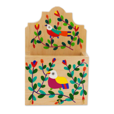 Colorful Bird and Flowers Pinewood Letter and Key Holder