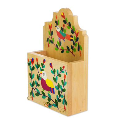 Wood key and letter holder, 'Cheery Birds' - Colorful Bird and Flowers Pinewood Letter and Key Holder