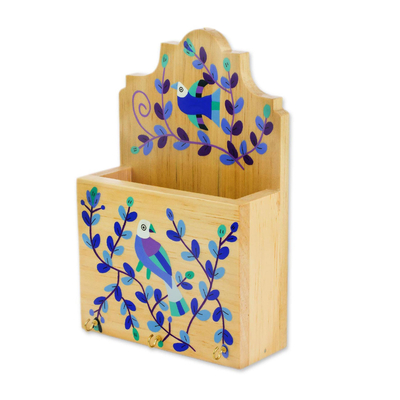 Wood key and letter holder, 'Cheery Birds in Blue' - Blue Purple Bird and Flowers Pinewood Letter and Key Holder