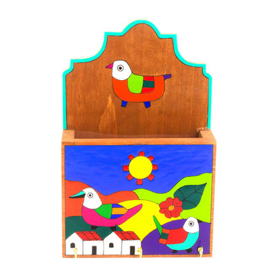 Colorful Birds in Village Pinewood Letter and Key Holder