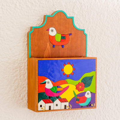 Porta llaves y cartas de madera, 'Soaring Birds' - Colorful Birds in Village Porta cartas y llaves de madera de pino